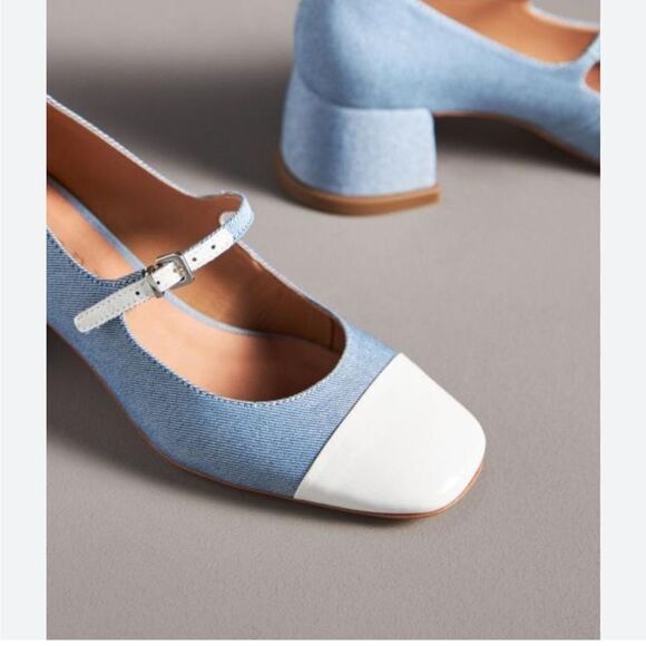 Anthropologie Vicenza Blue White Textile Buckled Strappy Mary Janes Chunky Heels - Picture 3 of 9